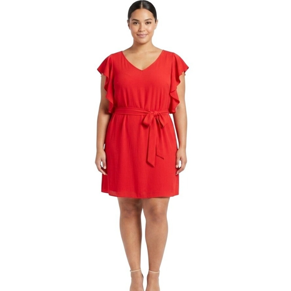 Michael Michael Kors Dress Womens XL Red Ruffle Flutter Sleeve Tie Waist Shift
